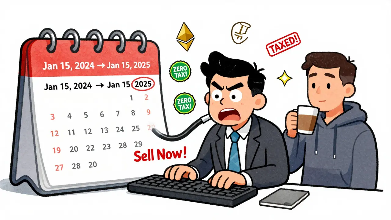 A trader rushing to sell crypto vs. a calm investor waiting a year, with tax labels floating above.