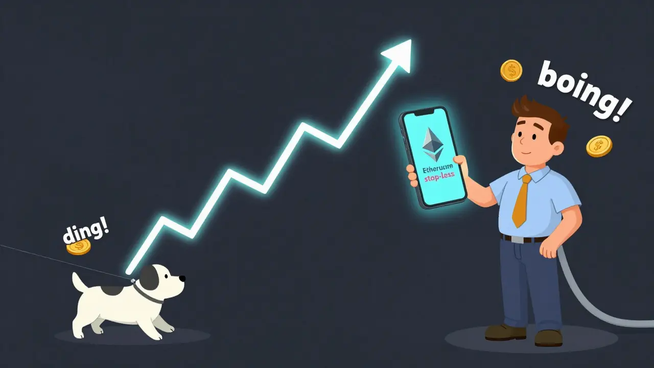 A trader sets a trailing stop that follows Ethereum’s bouncy price rise like a playful pet.