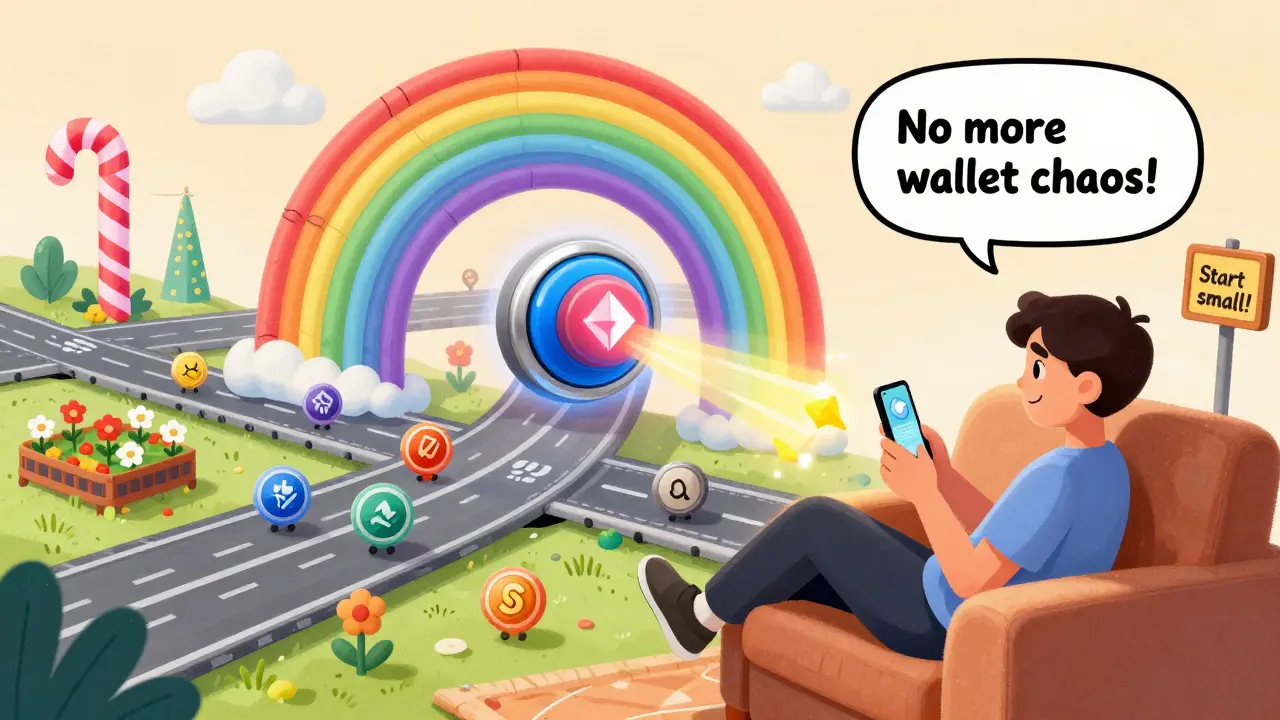 A user relaxing on a couch as a one-click button sends tokens racing through rainbow tunnels across interconnected blockchain highways.