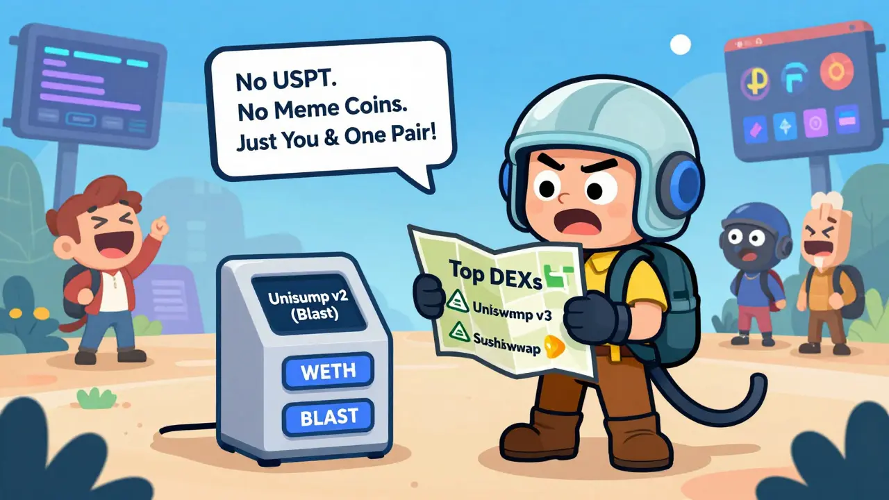 An explorer at a tiny DEX kiosk labeled 'Uniswap v2 (Blast)' with only two tokens, while other traders enjoy full exchanges nearby.