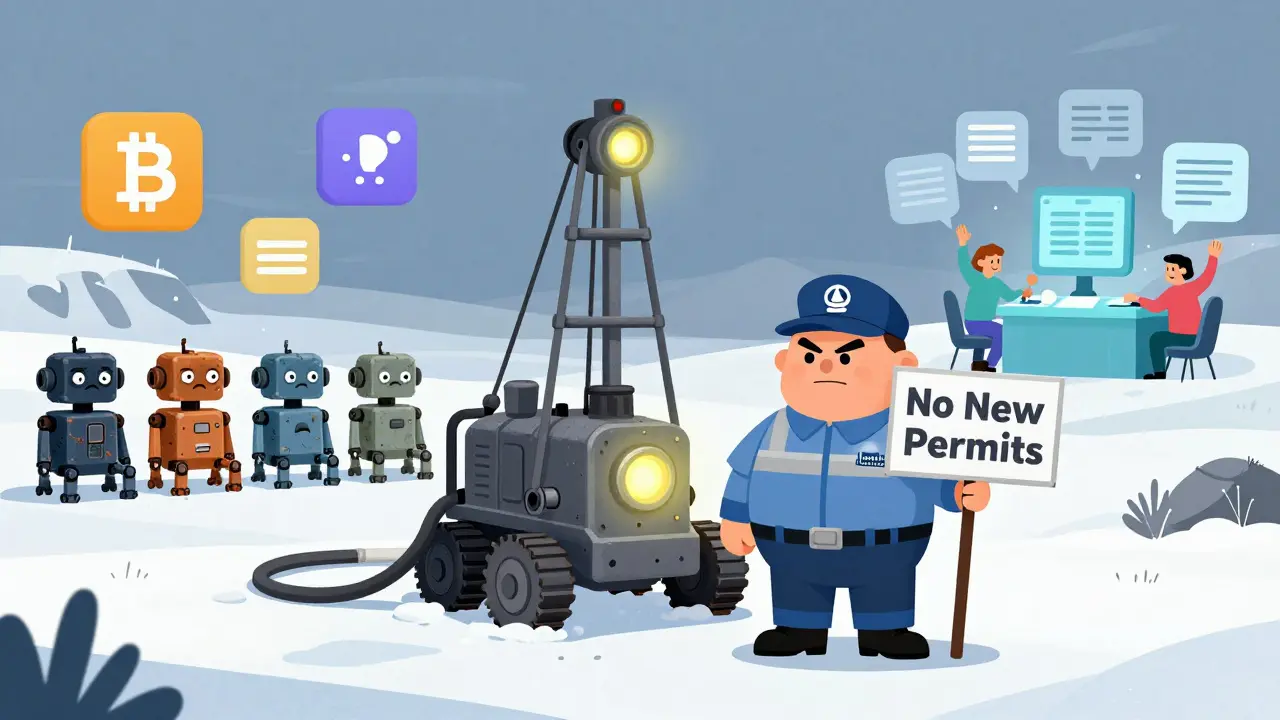 An old mining rig dims as a power company worker blocks new permits, with hopeful blockchain startups nearby.