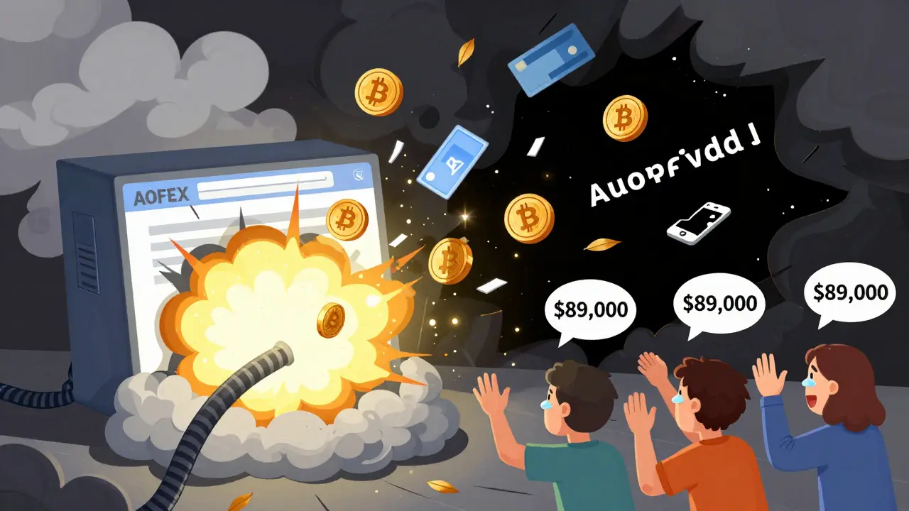 AOFEX vault exploding into smoke as users reach toward a black hole of lost funds.