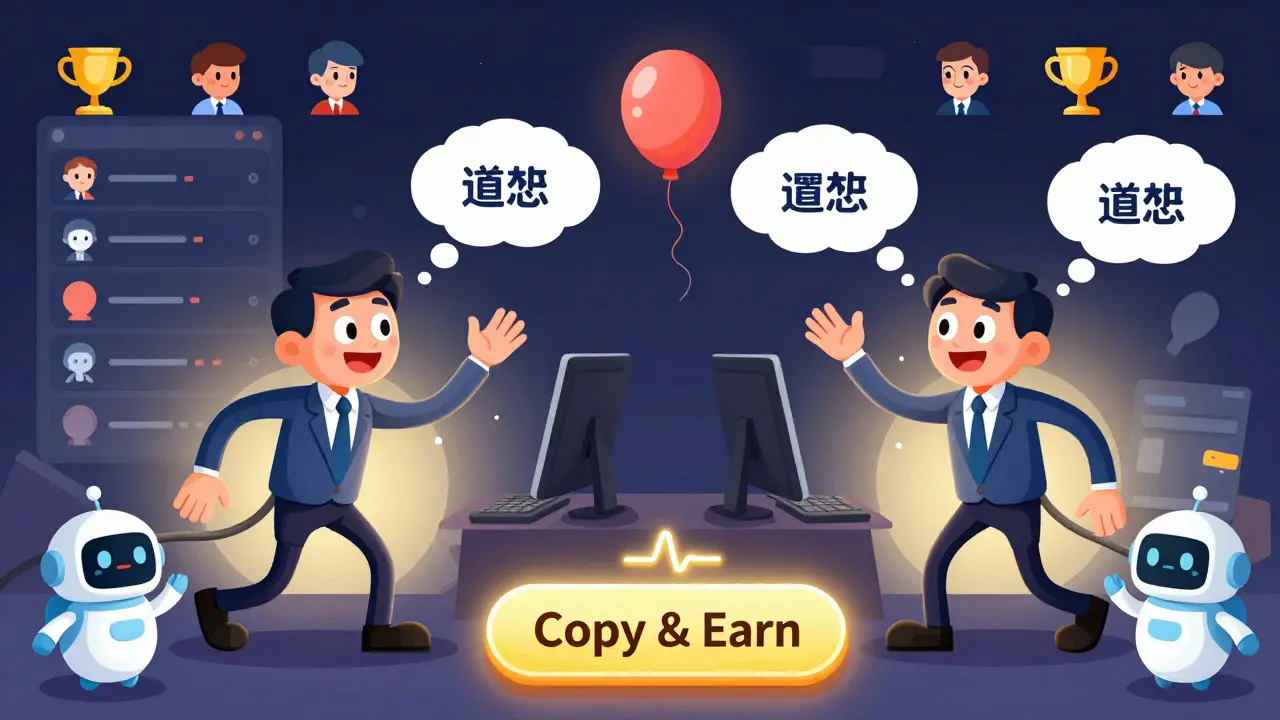 Beginner trader copying moves from a pro trader, with thought bubbles showing successful trades and a glowing copy button.