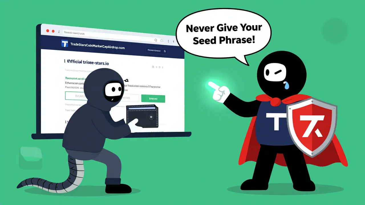 Cartoon scammer trying to trick a user with fake website, while the real TradeStars logo blocks the fraud with a shield.