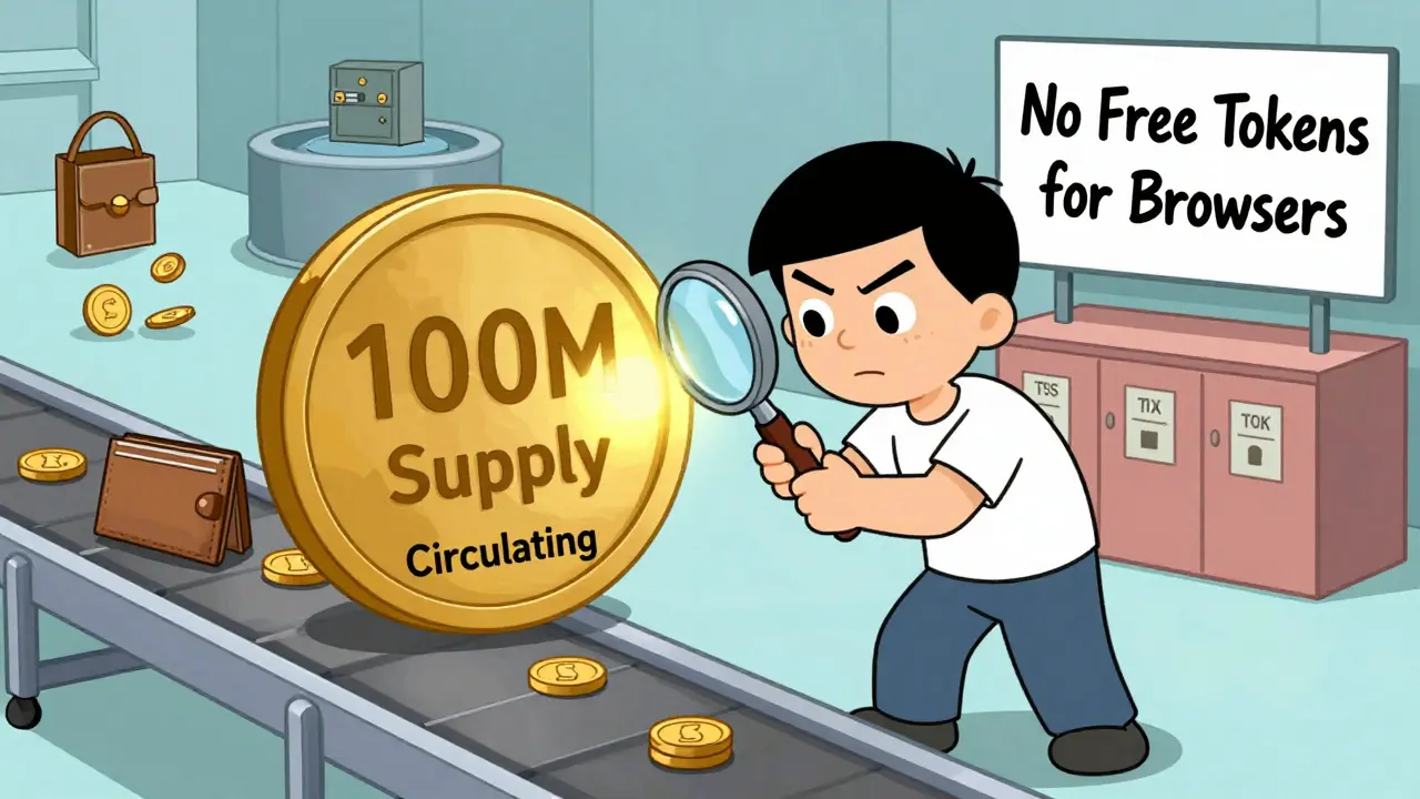Cartoon user inspecting a giant TSX token with only a small part glowing, surrounded by staking pools and lockboxes.