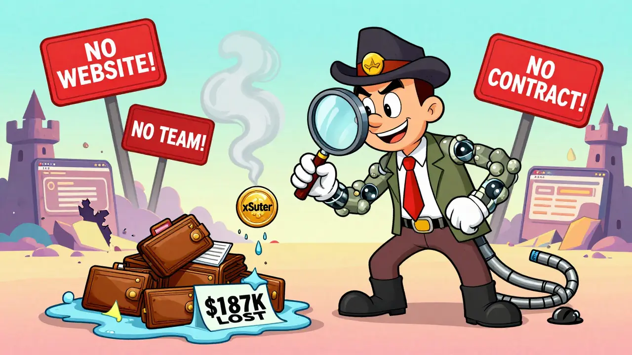 Detective examining a dissolving xSuter token surrounded by warning signs and stolen wallets.