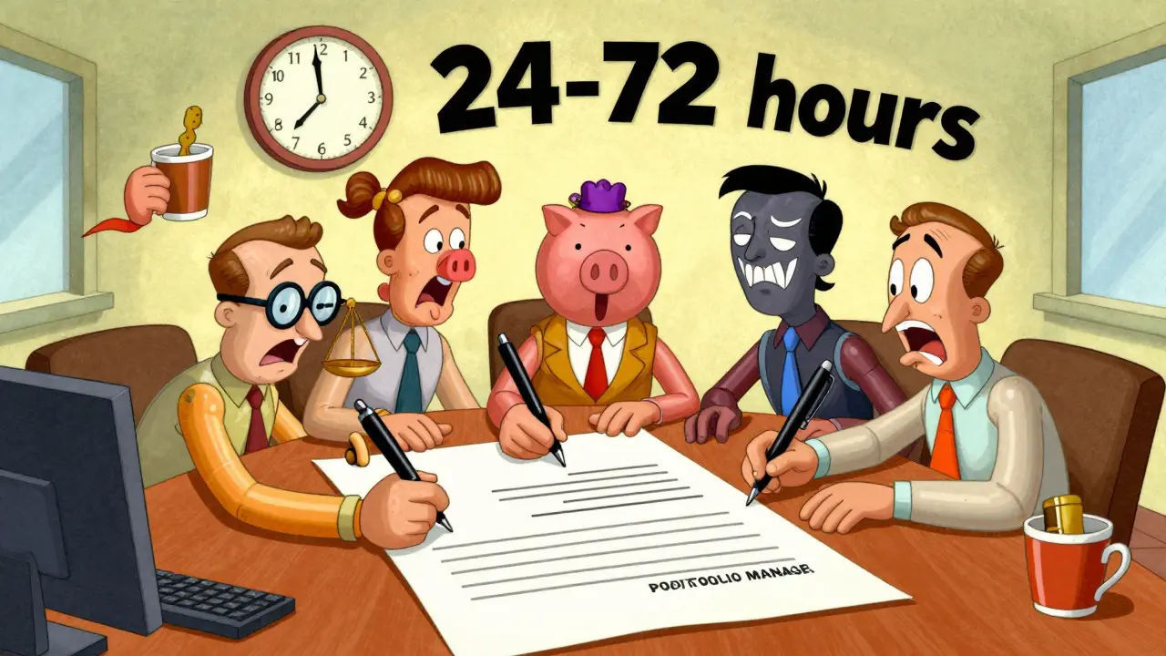 Five department heads signing a transaction with stretchy limbs, while one tries to sneak a private key into a coffee cup.