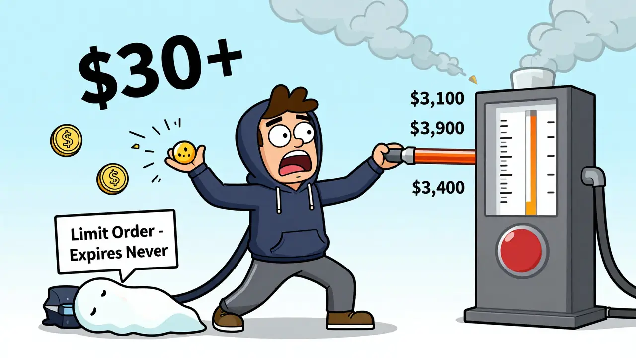Hoodied trader stretching rubber arms to adjust price range, while ghost self sleeps under 'Never Expires' sign and gas fees spike wildly.