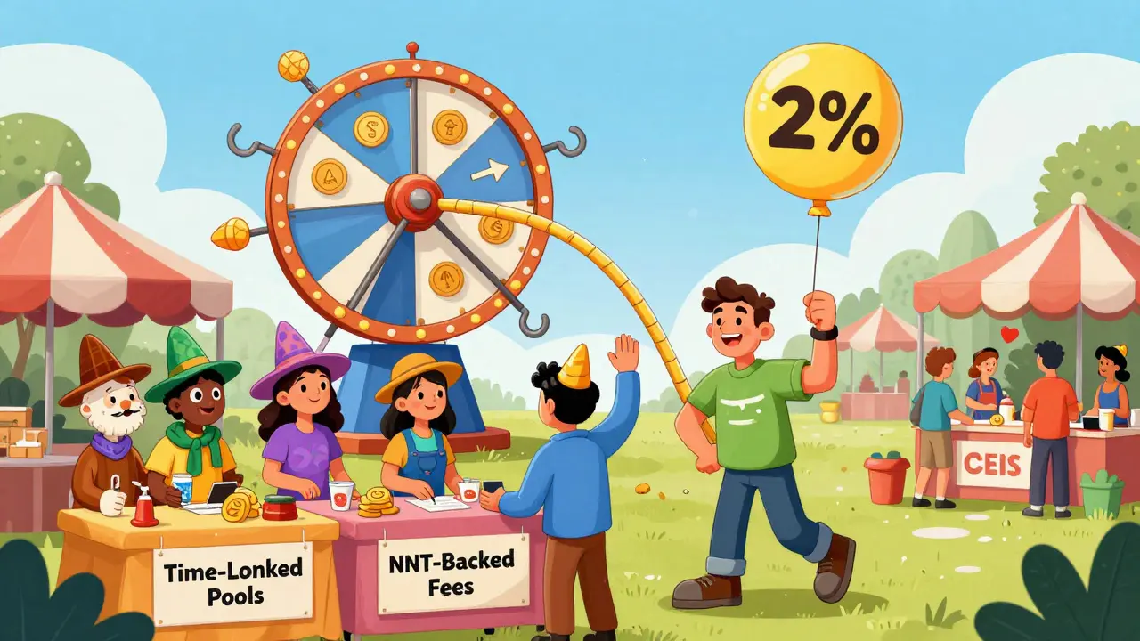 Liquidity providers trade at colorful stalls with time-locked and NFT-backed pools, powered by a spinning hook flywheel.