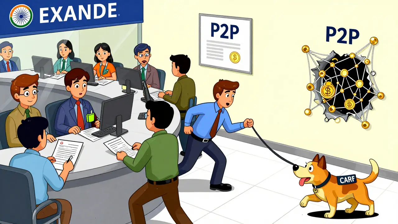 People stuck in a paperwork maze at a crypto exchange, chased by an Enforcement Directorate dog.