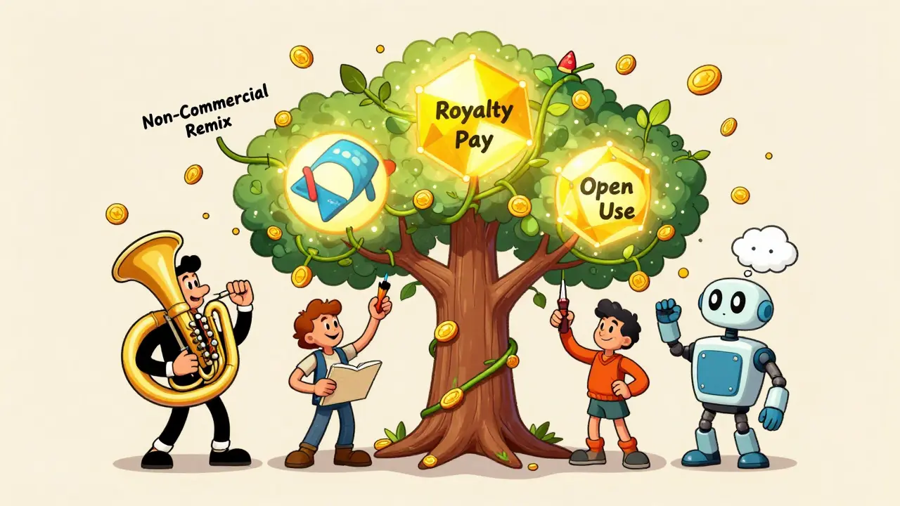Quirky creators attach licensing vines to a blockchain tree as golden royalties rain down.