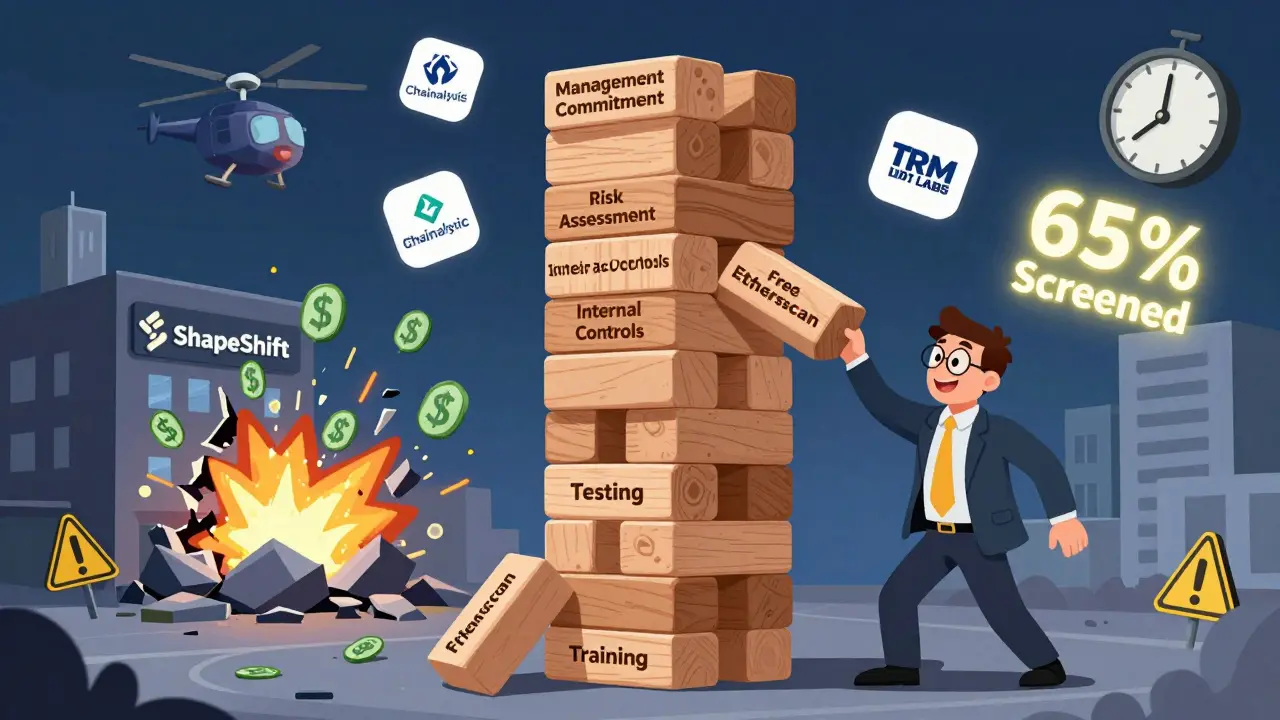 Rubber hose cartoon of a compliance Jenga tower collapsing as free tools fall, while blockchain tools fly in like helicopters.