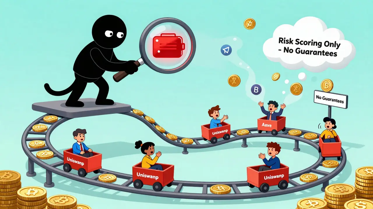 Rubber hose cartoon of users on a crypto rollercoaster, with an OFAC magnifying glass spotting a red-flagged wallet.