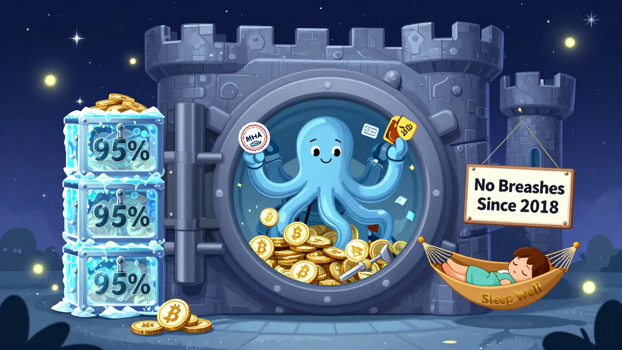 Secure digital castle vault guarded by a multi-armed bot, with crypto treasures locked away under a 'No Breaches' sign.