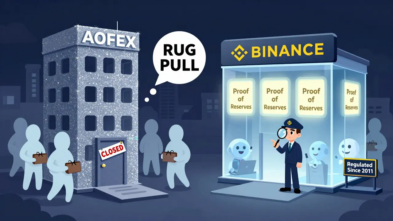 Side-by-side: crumbling AOFEX building vs. transparent, regulated exchange with detective pointing.