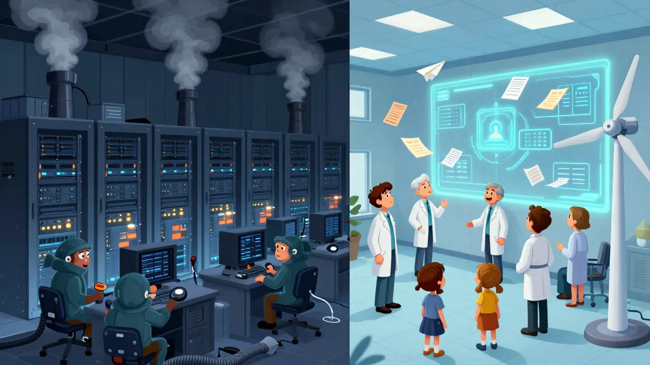 Split scene: chaotic server farm vs. bright blockchain innovation lab in Iceland, cartoon style.