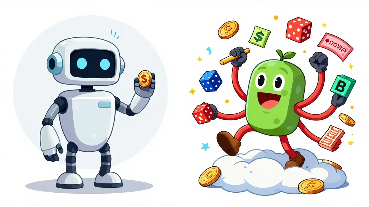 Split-screen cartoon: calm Uniswap robot vs chaotic PancakeSwap character juggling DeFi features like NFTs, dice, and futures.