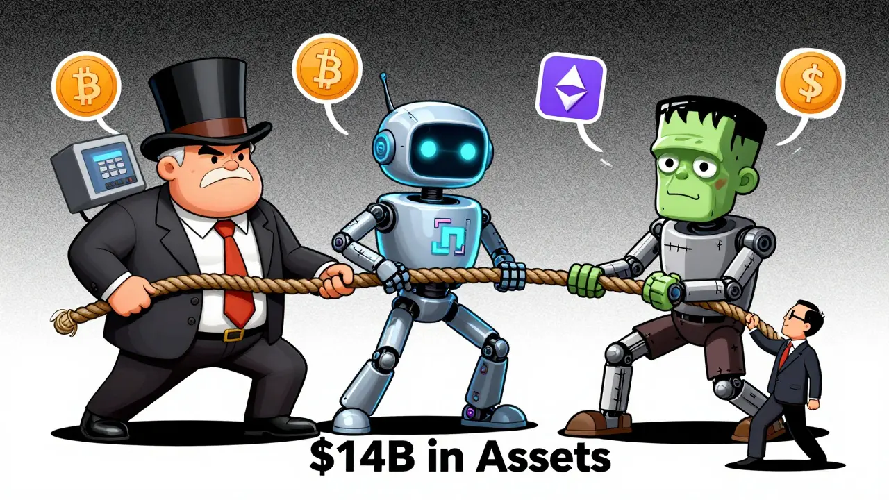 Three quirky custody models—a banker, a robot, and a hybrid—tugging on a rope representing  billion in digital assets.