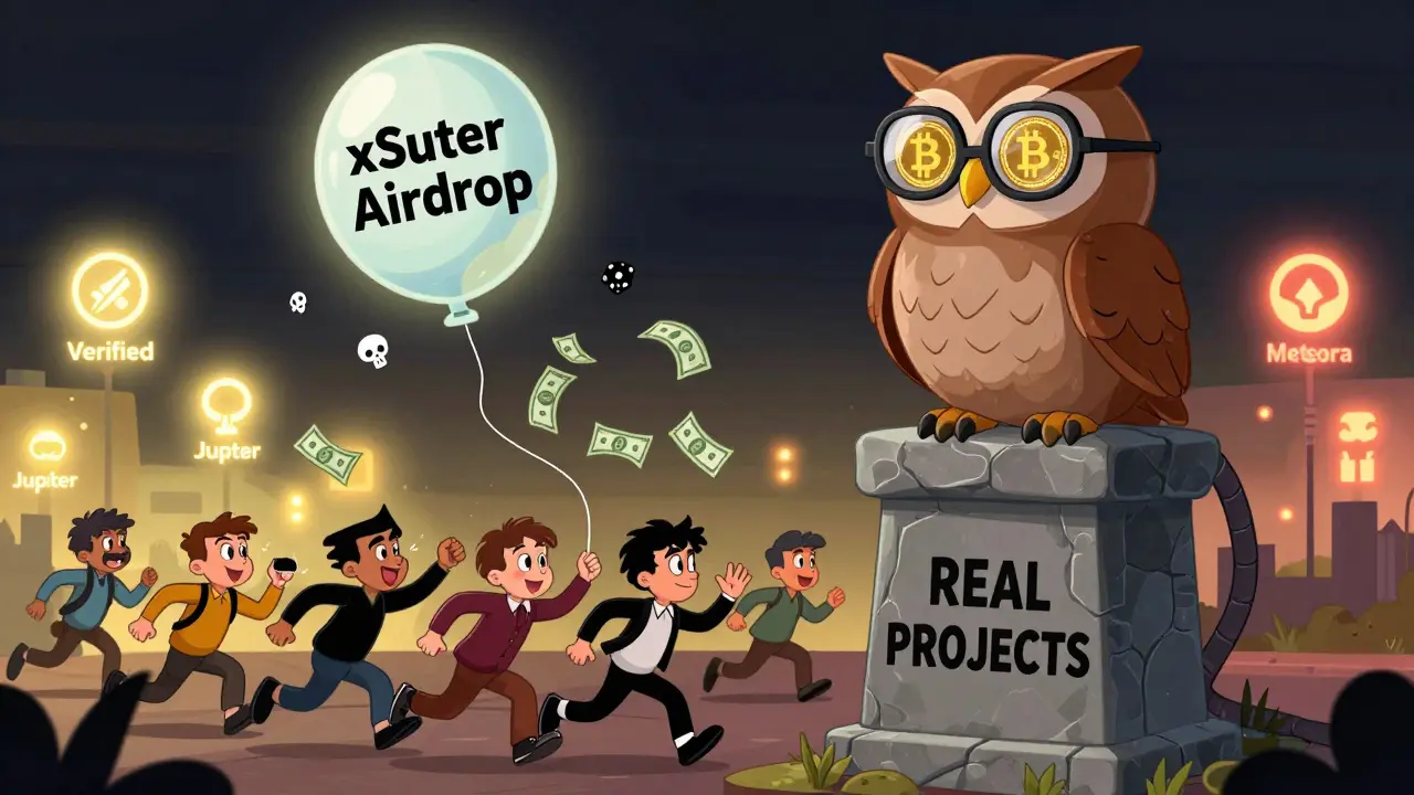 Wise owl on a pillar of real projects as confused users chase a popping fake airdrop balloon.