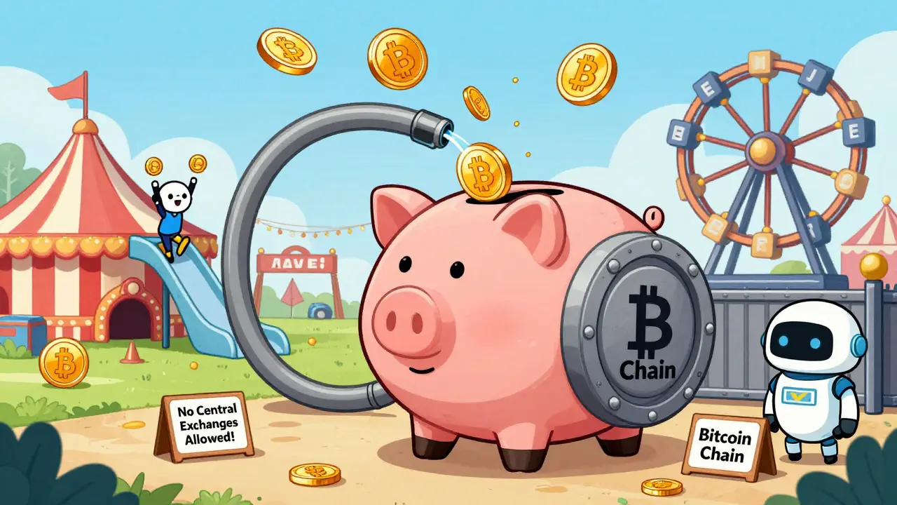 A Bitcoin piggy bank feeds LBTC tokens into a DeFi carnival, with Aave and Ethereum blocks as rides in rubber hose animation.