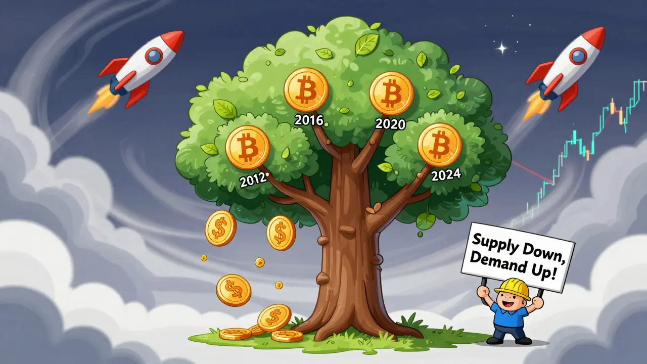 A Bitcoin tree grows through four halvings, with coins turning into dollar signs on the last branch.