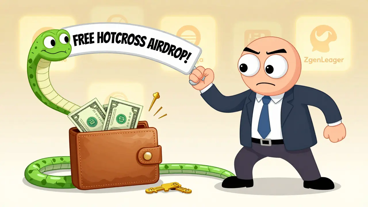 A cartoon investor is tricked by a snake-like scam website pulling from their wallet.