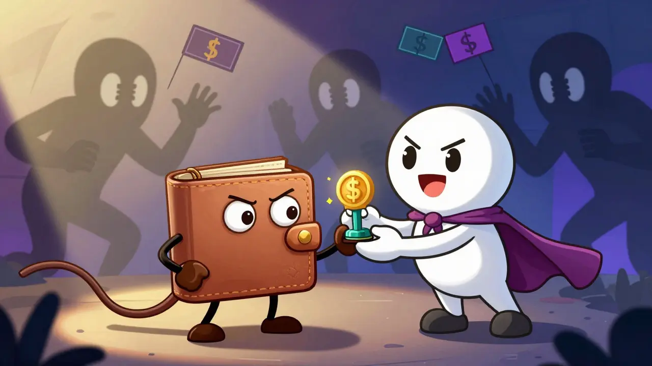 A cartoon wallet receives an NFT from a CoinMarketCap mascot while shady scam figures lurk in the background.