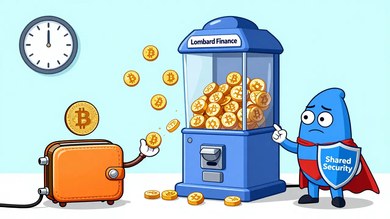A clumsy user sending BTC to a Lombard machine that outputs LBTC tokens, with a 7-day clock and a security guardian watching.