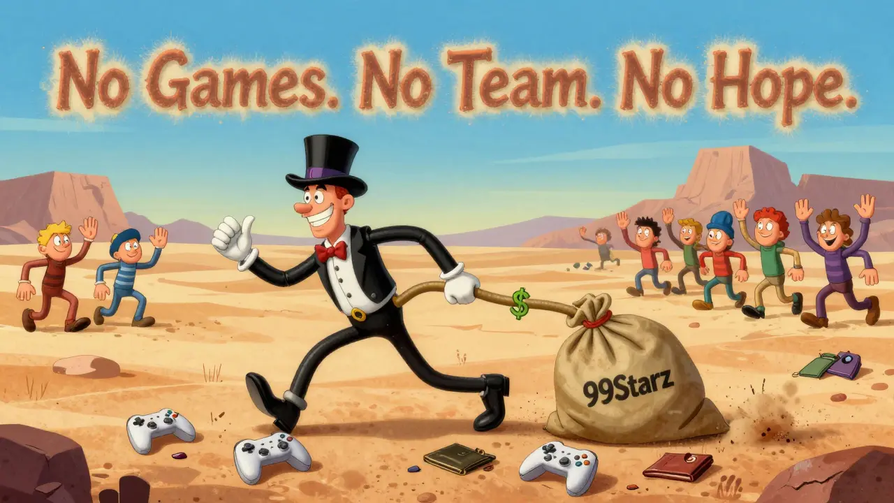 A con artist drags a sack labeled '99Starz' through a desert of abandoned game gear.