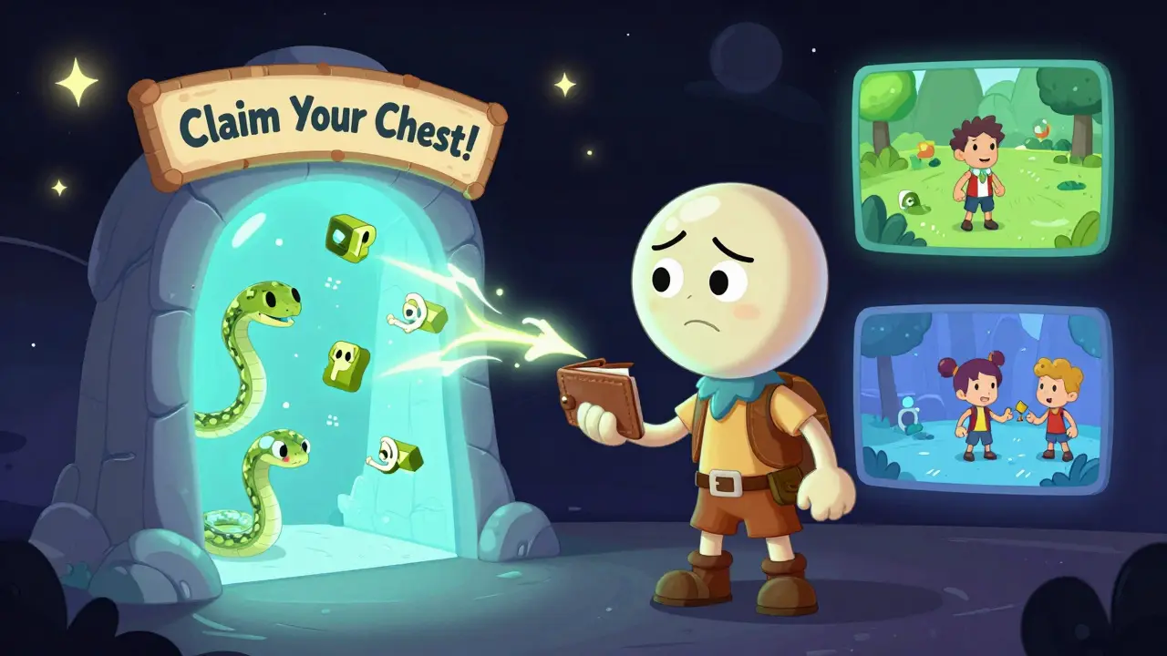 A confused adventurer faces a portal spitting out monsters, while real games shine safely behind him.