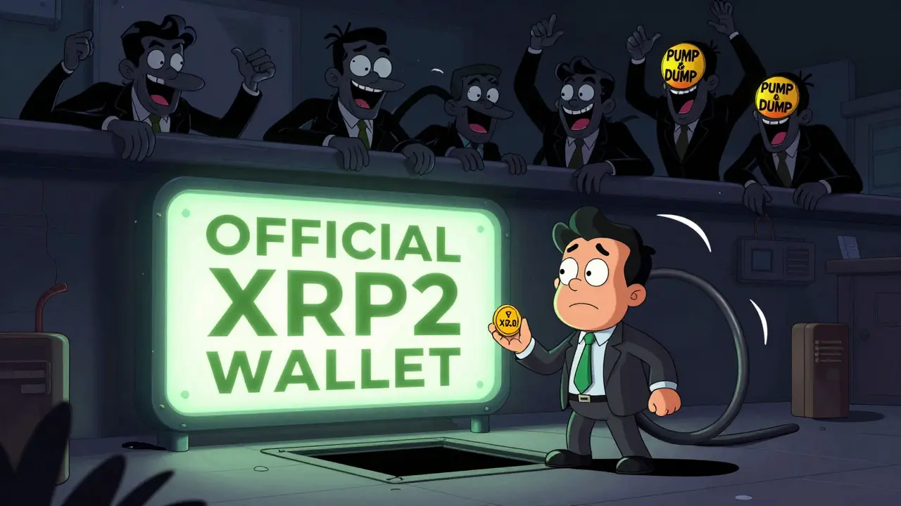 A confused investor stands before a fake wallet sign, about to fall through a trapdoor as shady figures laugh above.