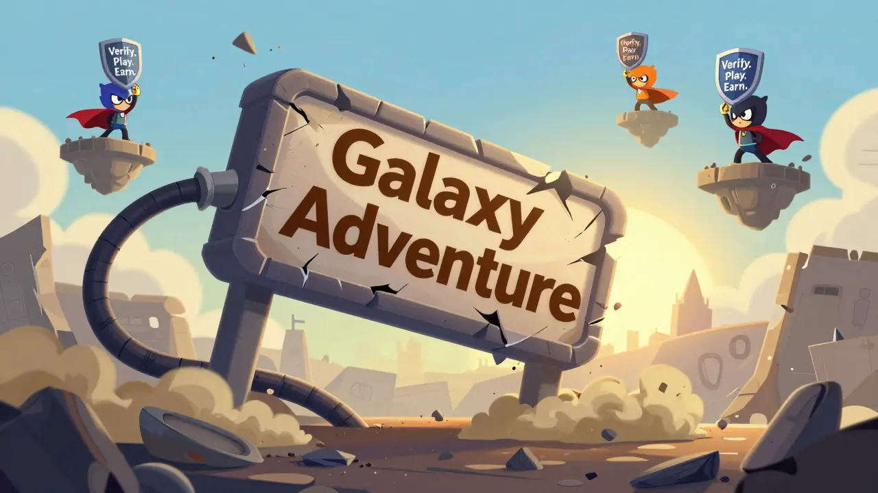 A crumbling 'Galaxy Adventure' sign falls as heroes from real games stand proudly under a rising sun.