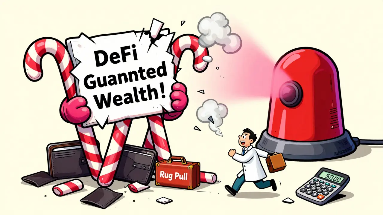 A crumbling DeFi building made of candy and smoke, with a developer fleeing as wallets and a <h2>Zero Community, Zero Reviews, Zero Trust</h2>.00 calculator lie abandoned.