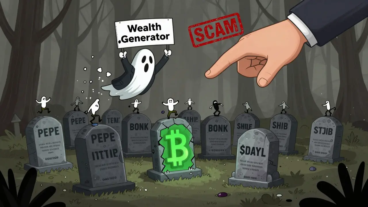 A crypto graveyard with active tokens dancing, except for one cracked tombstone labeled $DAYL under a falling scam sign.