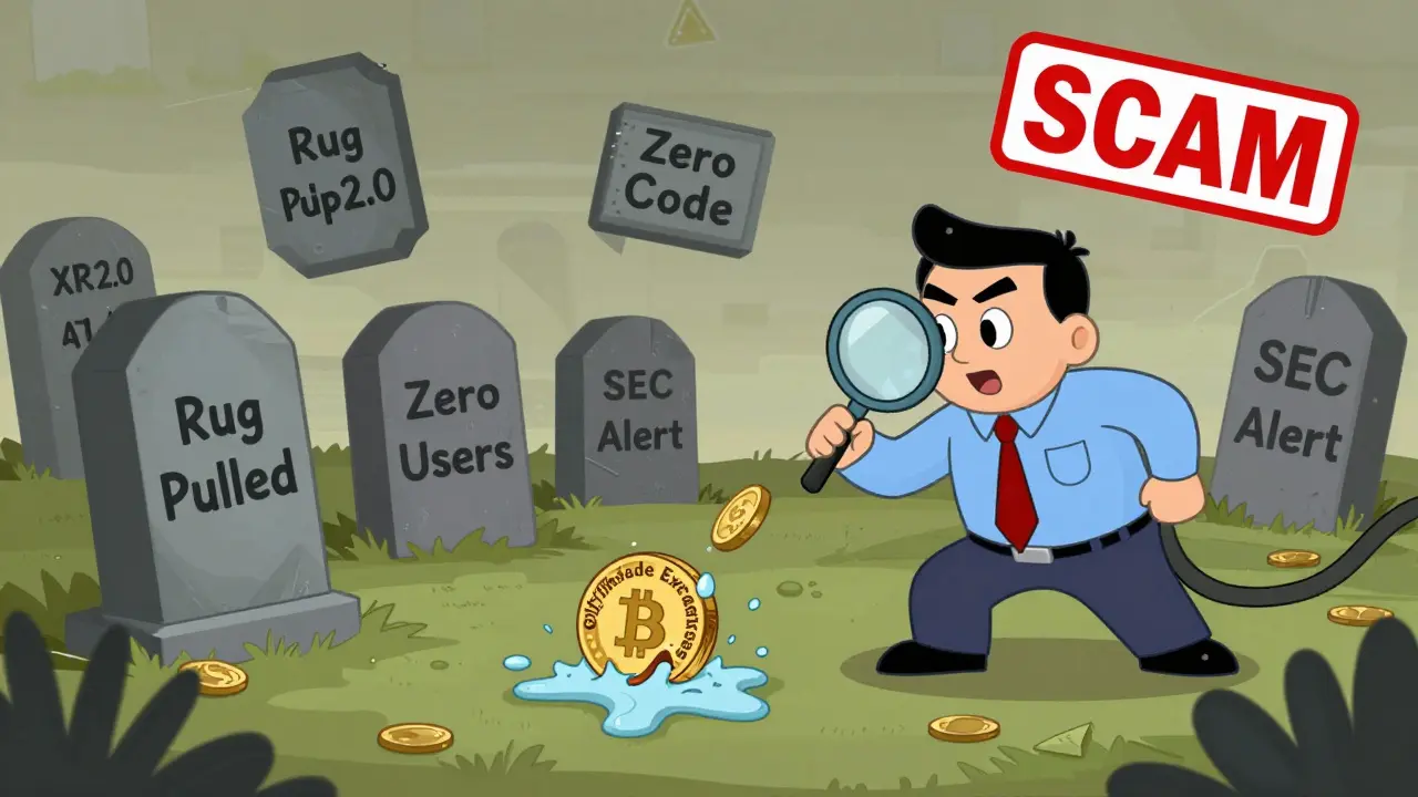 A crypto graveyard with tombstones for XRP2.0 scams, a melting token, and an SEC agent pointing at the fraud.