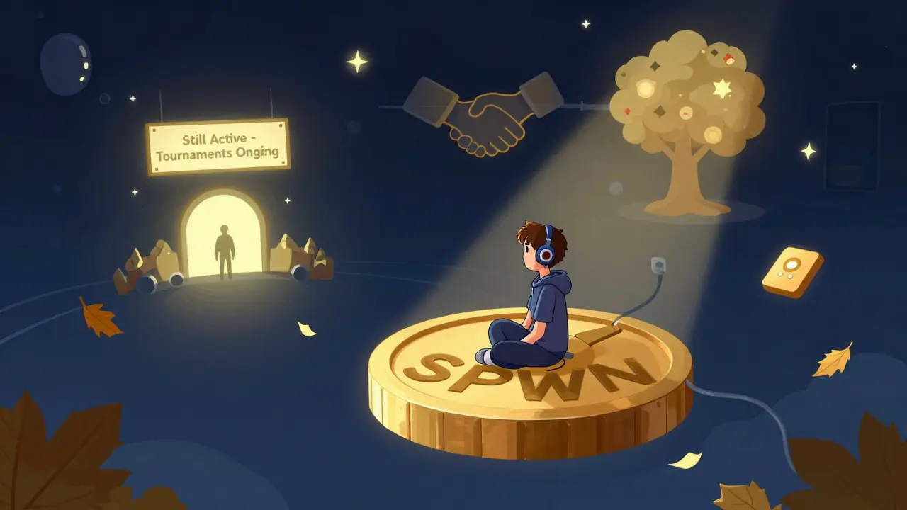 A lone gamer on a floating SPWN token surrounded by forgotten notifications, with a quiet Bitspawn portal glowing in the distance.