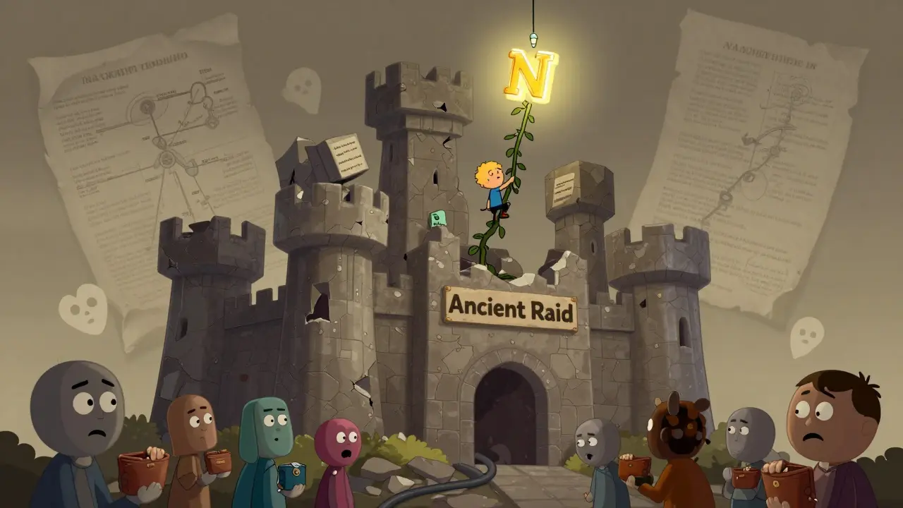 A lone hero climbs a tweet vine toward a single glowing NFT above a crumbling castle labeled 'Ancient Raid'.