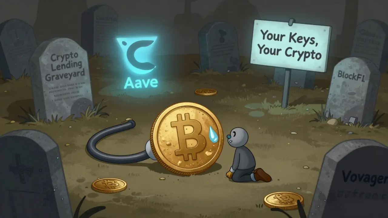 A lonely CEL token in a crypto graveyard next to tombstones of failed platforms, while a calm Aave icon glows in the distance.