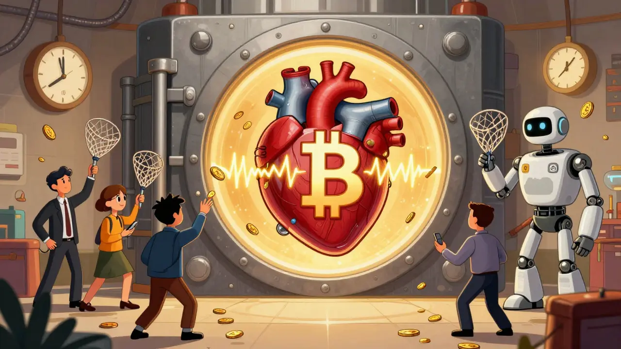 A mechanical Bitcoin heart pulses with each halving as investors catch falling coins from a vault.