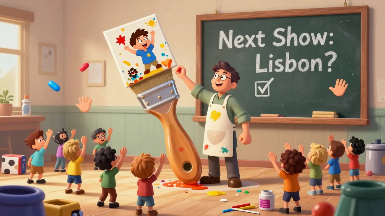 A painter and tiny fans vote on a next art show, surrounded by floating paintbrushes and art supplies.