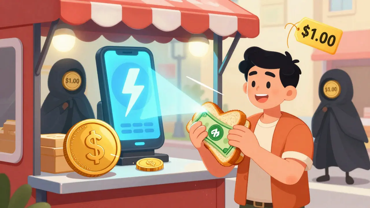 A person buys a sandwich with a smiling USDC coin as Solana and XRP symbols merge into a payment terminal.