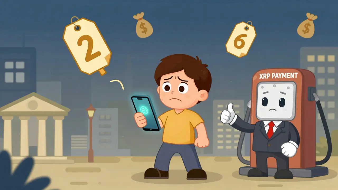 A person struggles with floating destination tags while a robot points to an XRP payment pump.