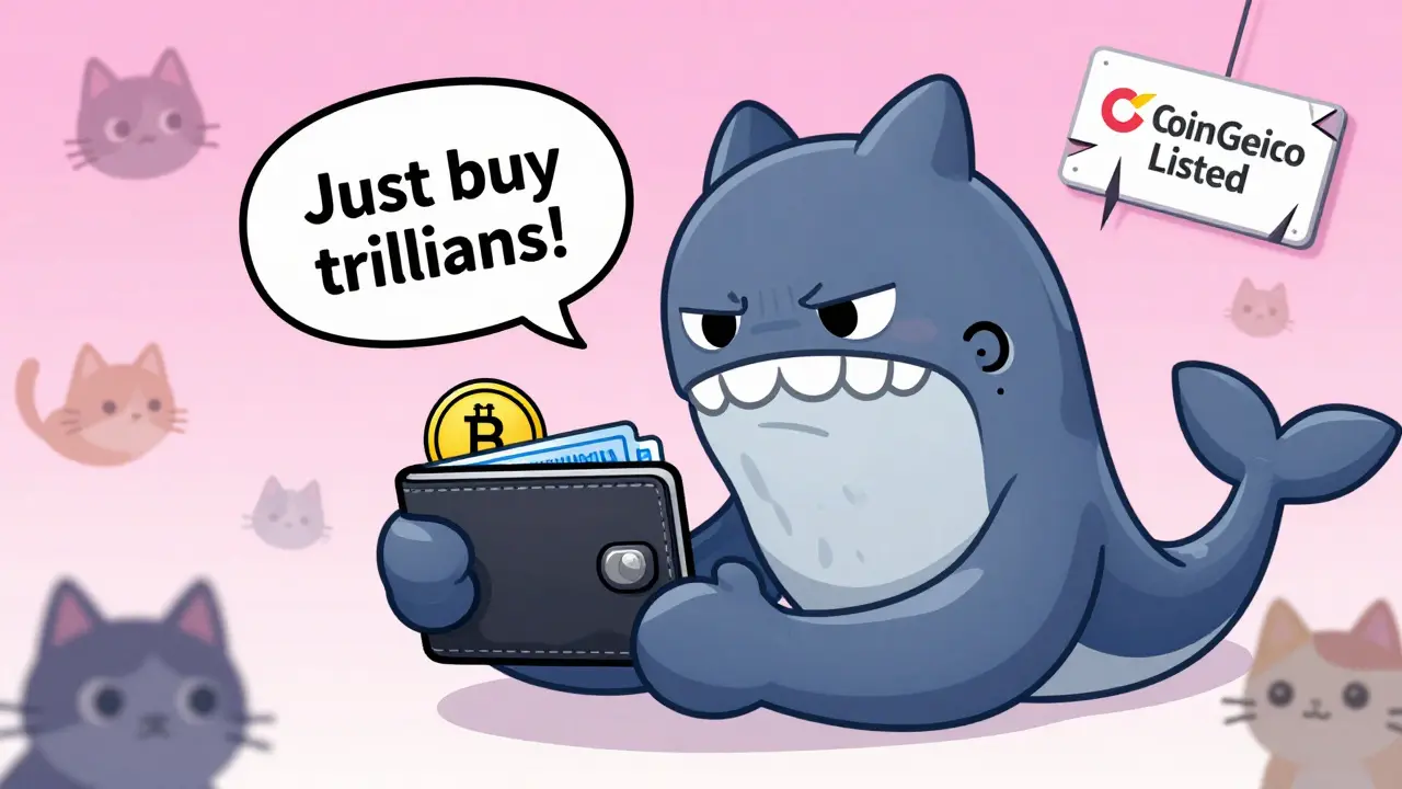 A person trying to trade crypto as a stretchy whale-cat whispers advice, with broken exchange signs in the background.