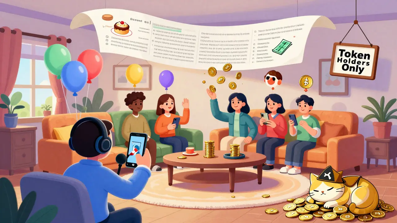 A podcaster hosts a community town hall with fan heads as balloons, while tokens and pastries rain down.