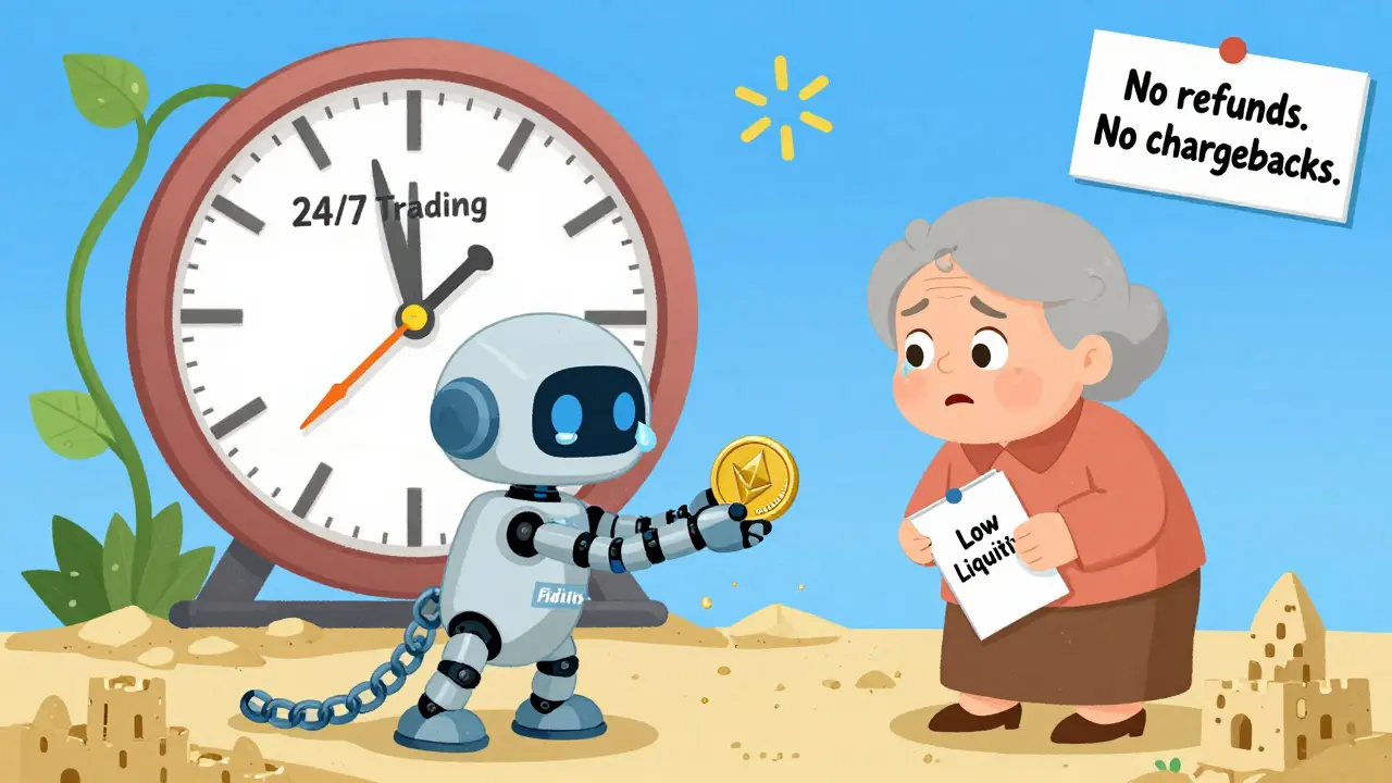 A robot offering a WMTon token to a confused grandma holding a traditional brokerage brochure, with a spinning clock and crumbling sign.