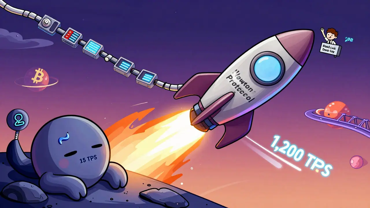 A rocket labeled Newton Protocol launches from Ethereum, leaving a trail of automated transactions.