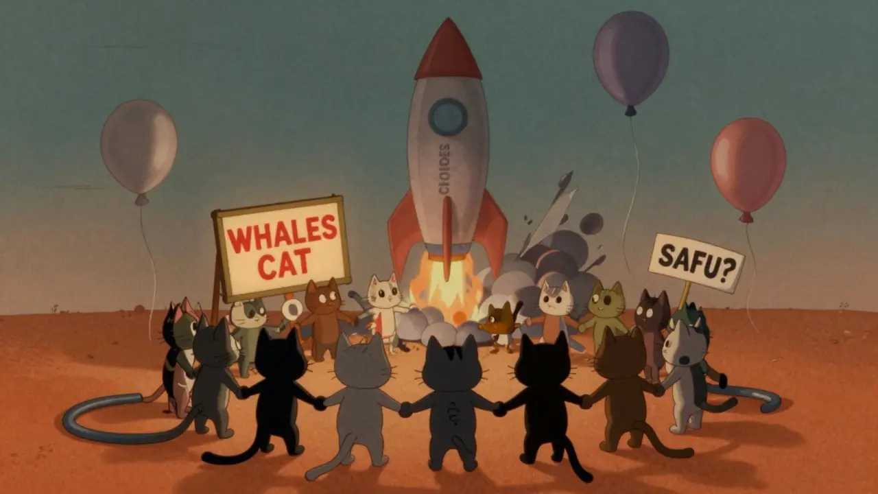 A small group of cat people gather around a fading rocket labeled '100K HOLDERS' amid deflated meme balloons.