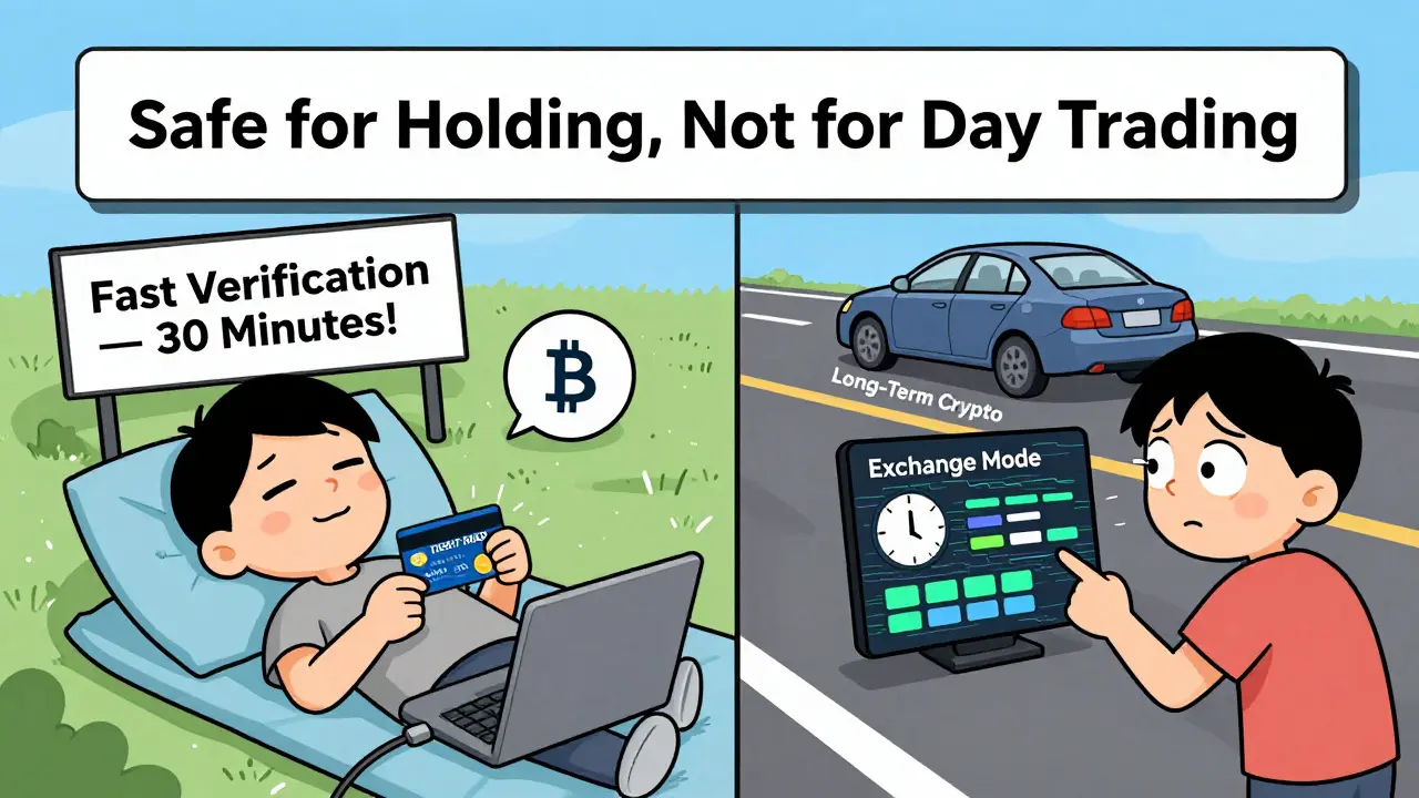 A split scene: a calm beginner buying crypto vs. a stressed trader struggling with a glitchy interface.