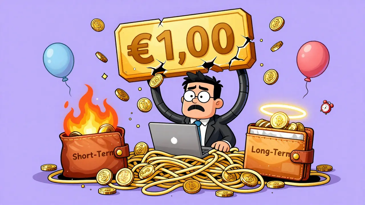 A tangled mess of crypto wallets and coins overflows past a crumbling €1,000 tax limit sign.