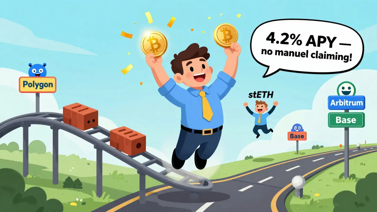 A trader floating above a rising market graph, surrounded by glowing LBTC tokens, while WBTC sits as a dull brick nearby.